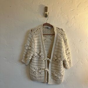 Zara Cream Open-Knit Short Sleeve Cardigan/Shawl